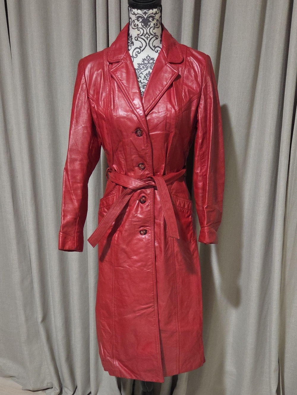 Vintage Red Leather Trench Coat with Tie Belt